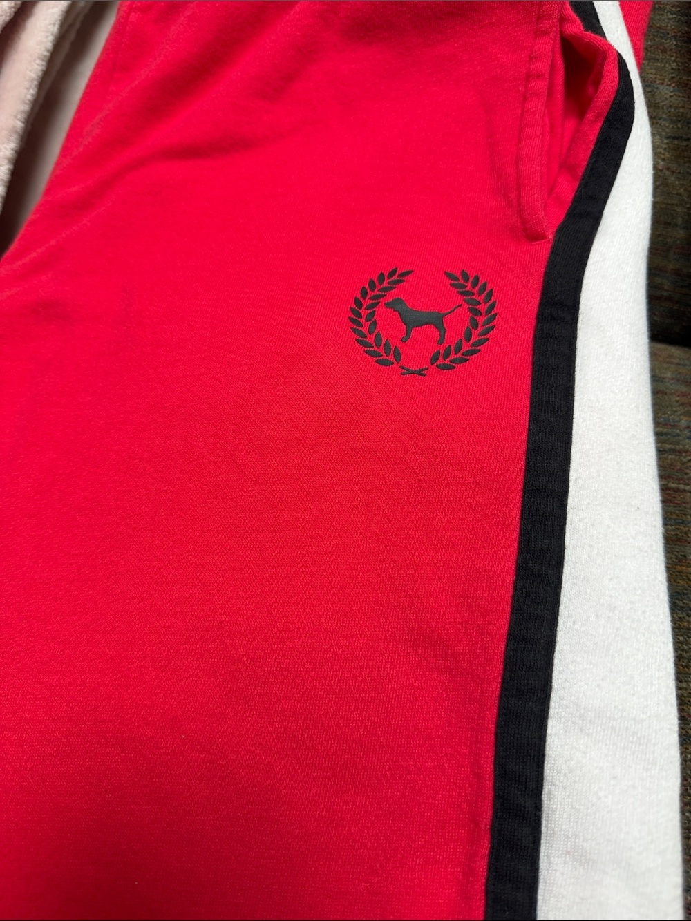 Pink Victoria Secrets Boyfriend Sweats Sz Small Red no string sorry stripe black